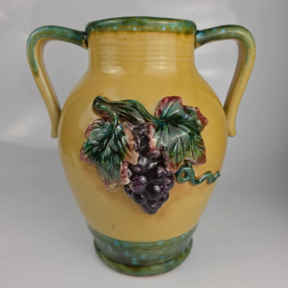Pacific Rim Ceramic Amphora Vase Grape Leaf Relief Yellow Green Two Handle Large